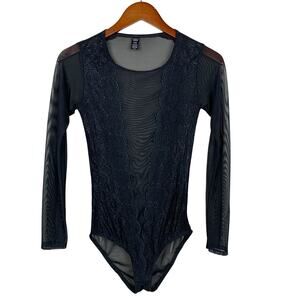 Rene Rofe Mesh Lace Bodysuit Black Long Sleeve Women's M